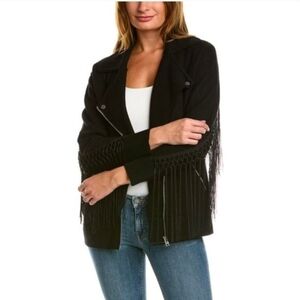 Allsaints Robyn Biker Wool Jacket Women Size Medium Black Fringed Boho Zip Up